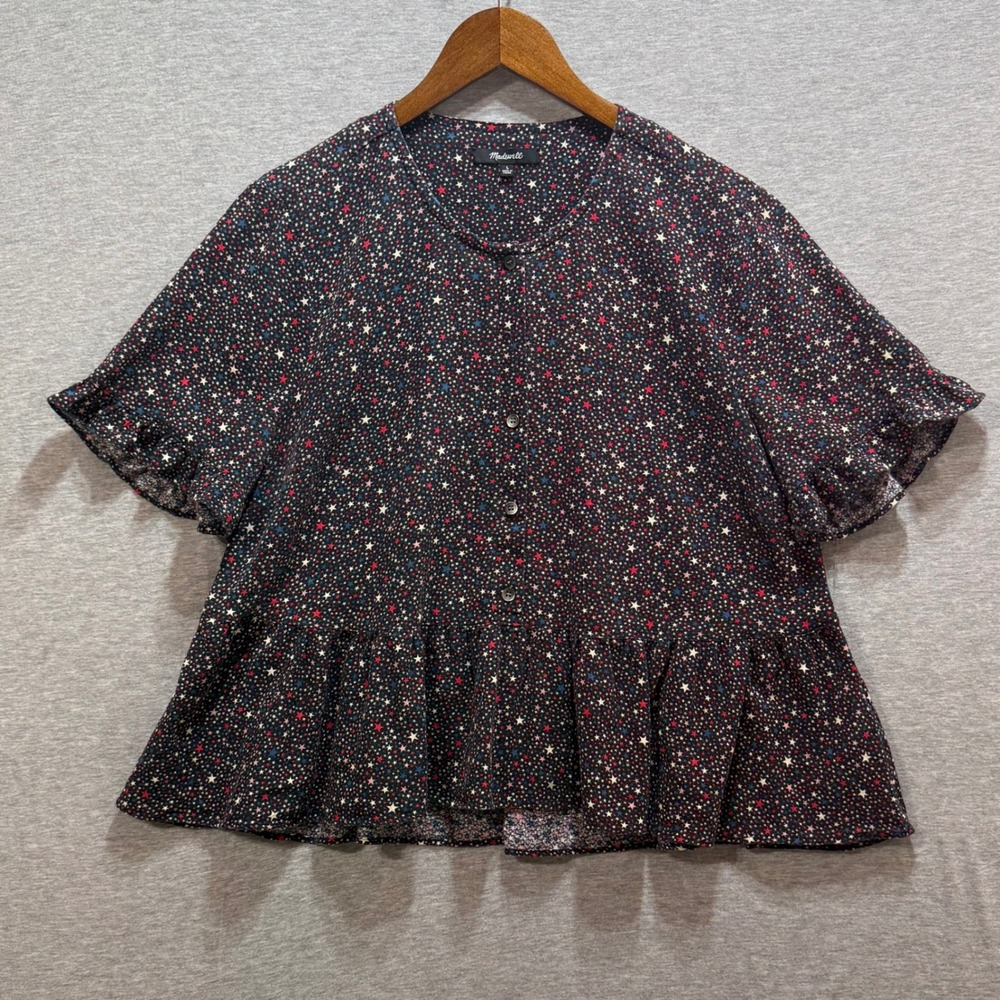 Madewell Sudio Ruffle Hem Top Womens Size L Button Up Celestial Star Boho